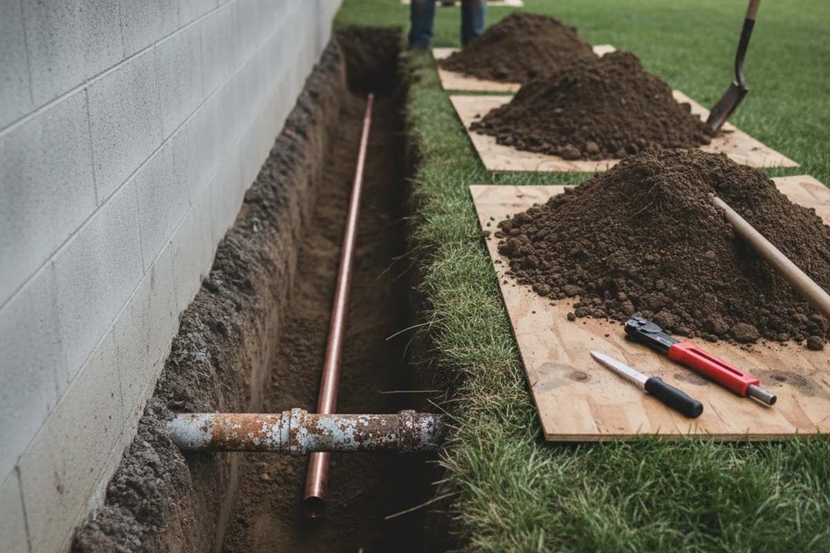 Excavated water line trench during Water Softener Installation in Topeka
